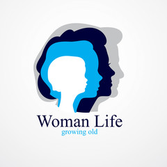 Woman life age years concept, the time of life, periods and cycle of life, growing old, maturation and aging, one generation and age categories. Vector simple classic icon or logo design.