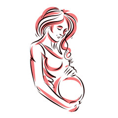 Attractive pregnant woman body silhouette drawing. Vector illustration of mother-to-be fondles her belly. Happiness and caress concept.