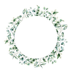 Watercolor eucalyptus wreath. Hand painted eucalyptus branch and leaves isolated on white background. Floral illustration for design, print, fabric or background.