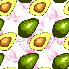 Avocado seamless pattern with tropical leaves of palm tree, background.