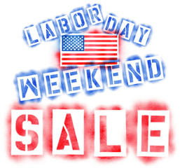American USA flag and Labor Day Weekend Sale text in red, white, and blue spray paint stencils isolated on white