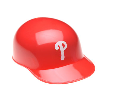 IRVINE, CALIFORNIA - FEBRUARY 27, 2019:  Closeup Of A Mini Collectable Batters Helmet For The Philadelphia Phillies