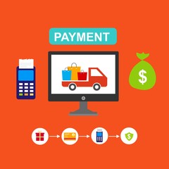 flat design banner of Buy Online for website and mobile website, easy to use and highly customizable. Modern vector illustration concept, isolated on colored background.