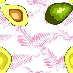 seamless pattern with tropical and exotic fruits in unique trendy organic style, avocado fruit ripe.