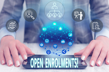 Conceptual hand writing showing Open Enrolments. Concept meaning when employees may make changes to...