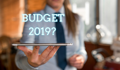 Word writing text Budget 2019 Question. Business photo showcasing estimate of income and expenditure for next year Blurred woman in the background pointing with finger in empty space