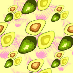Avocado seamless pattern with pink tropical leaves on white background. Decorative design for textile, fabric, decor, wallpaper.