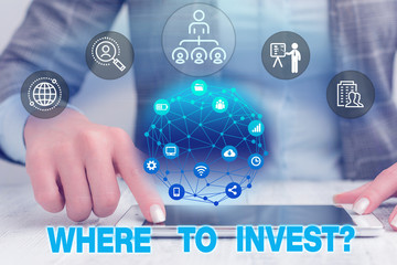 Text sign showing Where To Invest question. Business photo text asking about actions or process of making more money Female human wear formal work suit presenting presentation use smart device