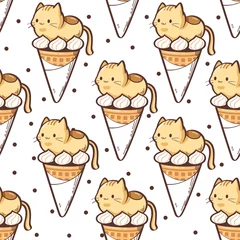 Stof per meter Katten Abstracte naadloze patroon, Cute doodle kat ijsje naadloze patroon op witte achtergrond, Cute Characterdesign - Vector