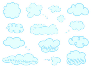 Colorful clouds on isolation background. Hatching doodles on white. Hand drawn infographic elements. Colored illustration. Sketches for artworks