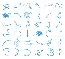 Colorful infographic elements isolated on white. Set of abstract arrows. Hand drawn simple pointers. Line art. Symbols for work