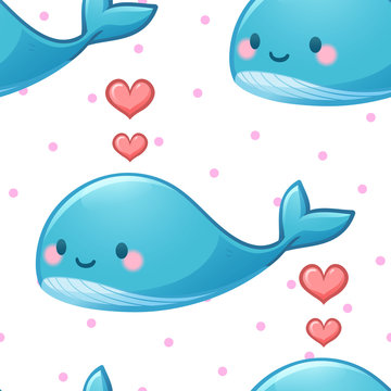 Seamless pattern of blue whale and pink heart on white background - vector illustration