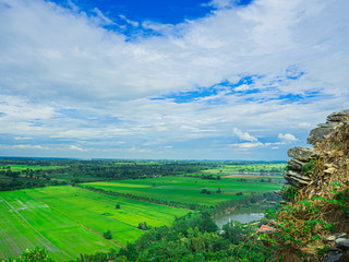Viewpoint of rice fields, with a blue sky, Khao Nok, Nakhon Sawan Province, Thailand