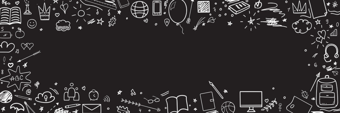 Abstract pattern with school supplies. Back to school. Set of different signs. Hand drawn elements. Illustration for banners, flyers or posters