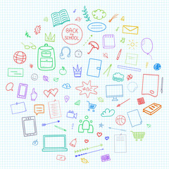 Abstract pattern with school supplies. Graphic paper background. Checkered texture. Back to school. Hand drawn elements. Education concept