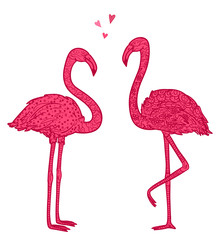 Colorful flamingos on white. Colored ornate birds. Illustration for polygraphy, banners, t-shirts and textiles