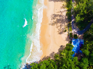 Sea beach azure water with coconut palm tree aerial view