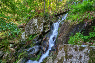 Wild romantic hiking trail along famous Gertelbach waterfalls, Black Forest, Germany