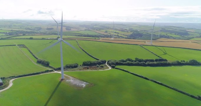 Aerial shot of wind turbines in English countryside