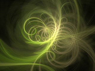 Green and Yellow Glowing Spirals Fractal Background Image, Illustration - Vortex repeating spiral patterns, Symmetrical repeating geometric patterns. Abstract background
