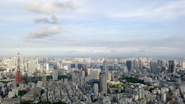 Panoramic view of Tokyo taking from skyscraper, pan left.