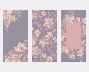 Cards set with light purple vintage floral ornament