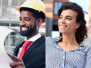 Construction worker and a beautiful business woman outside