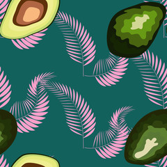 Fototapeta na wymiar Seamless exotic vector pattern with avocado slices and leaves of monstera on trendy background.