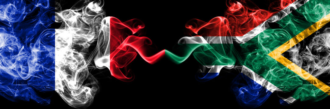 France vs South Africa, African smoky mystic flags placed side by side. Thick colored silky abstract smoke banner of French and South Africa, African