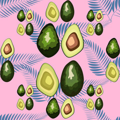 Avocado seamless pattern with tropical leaves of palm tree, background.