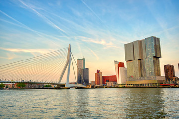 Fototapeta na wymiar A view of the Erasmusbrug (Erasmus Bridge) which connects the north and south parts of Rotterdam, the Netherlands.