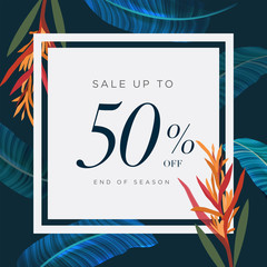 50% lettering handmade with leaves and flower tropical decoration. For Sale discount, Poster Banner Background, Sign and symbol. Luxury unique style, Green color, Vector illustr