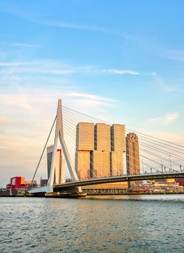 A view of the Erasmusbrug (Erasmus Bridge) which connects the north and south parts of Rotterdam, the Netherlands.