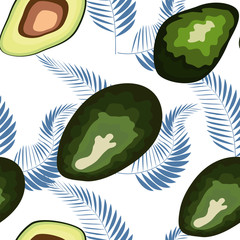 Avocado seamless pattern with tropical leaves of palm tree, background.