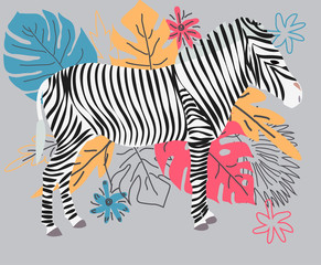 Fototapeta na wymiar Hand drawn colorful zebra with flowers, Monstera, a bouquet. Zebra - word with cute design. Scandinavian style design.