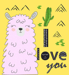 Lama is cute in the Scandinavian style, fashionable, cool, among cacti and mountains. Inscription I love you