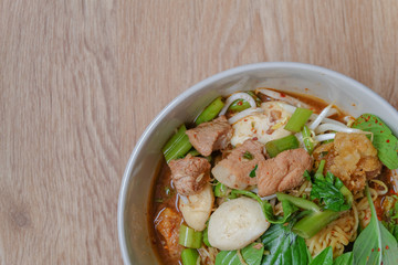 thai noodle soup with meat and vegetables