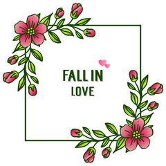 Border of flower frame and foliage, for greeting card fall in love. Vector