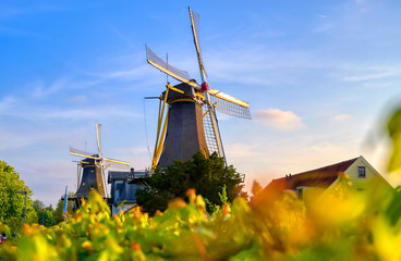 Historic windmills located in Kralingen Lake in Rotterdam, the Netherlands.