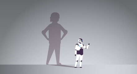 modern robot with shadow of human artificial intelligence technology progress aspiration concept male cartoon character standing pose full length flat horizontal