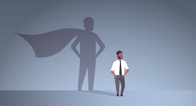 african american businessman dreaming about being super hero shadow of man with cape imagination aspiration concept male cartoon character standing pose full length flat horizontal