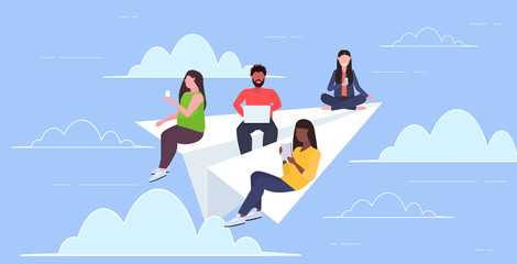 people flying on paper airplane mix race men women using gadgets traveling together digital addiction web surfing concept horizontal flat