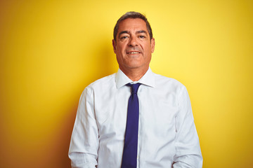 Handsome middle age businessman standing over isolated yellow background Relaxed with serious expression on face. Simple and natural looking at the camera.
