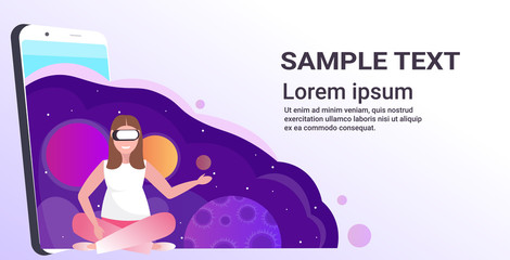 woman wearing digital glasses girl touching vr planets of solar system space galaxy from smartphone screen headset vision virtual reality technology concept flat full length horizontal