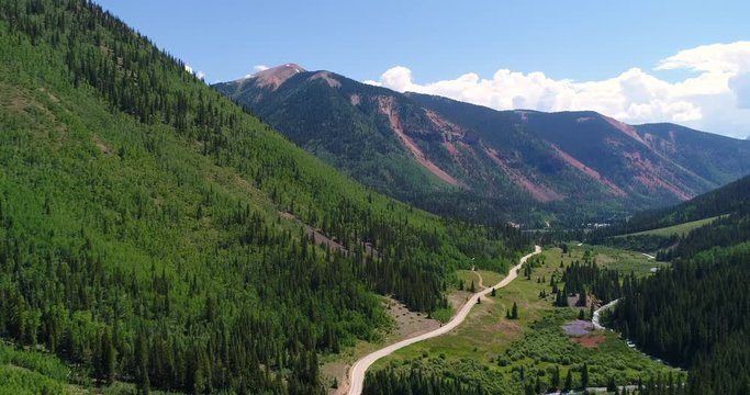 Aerial of Rocky Mountains with a dirt road
