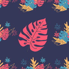 Fototapeta na wymiar Tropical plant drawing. Scandinavian style backdrop. banana, palm, monstera leaves.