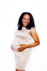 young pretty african american woman pregnant happy smiling, posing on white background isolated , lifestyle people concept copyspace