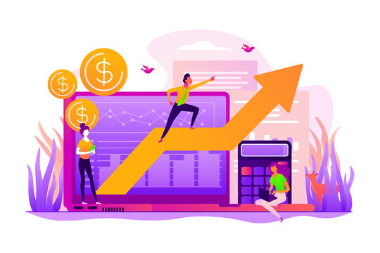 Stock Trading, Income Growth. ROI, Investment Increasing. Business Profits Calculation. Demand Planning, Demand Analytics, Digital Sales Forecast Concept. Vector Isolated Concept Creative Illustration