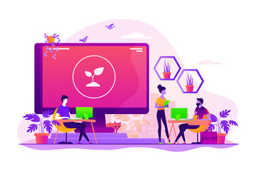 Environmentally friendly workplace. Green working zone with plants and flowers. Biophilic design room, eco-friendly workspace, green office concept. Vector isolated concept creative illustration