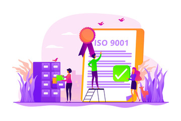 Good manufacturing practice. Stamp of approval. Quality management. Standard for quality control, ISO 9001 standard, international certification concept. Vector isolated concept creative illustration